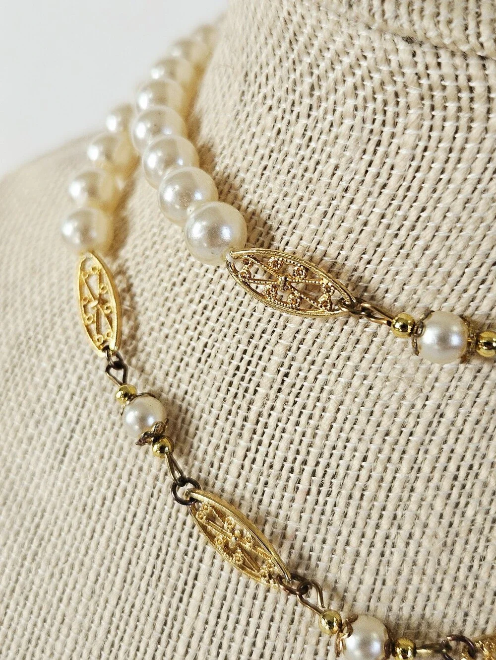 Vintage Faux Pearl Gold Filigree Scrollwork Opera Length Linked Station Necklace
